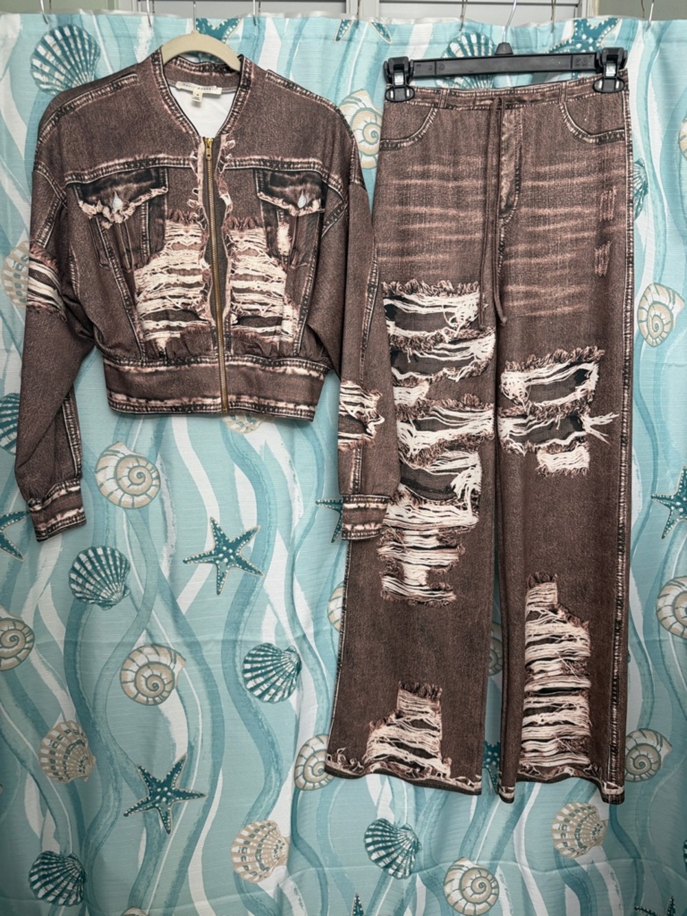 Distressed Brown Two-Piece Jacket & Wide-Leg Pants Set